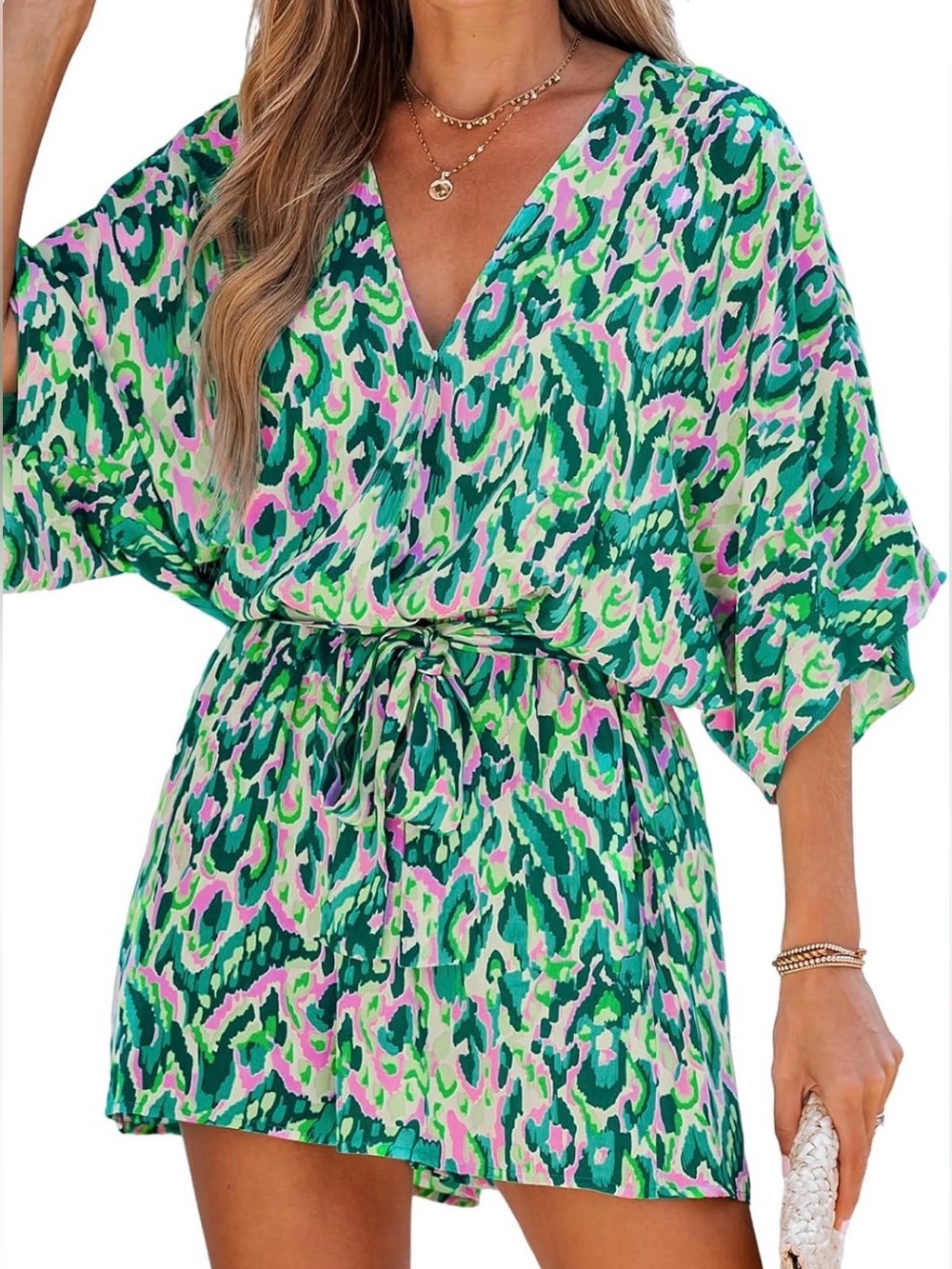 Cupshe Green & Pink V-Neck Tie-Waist Romper